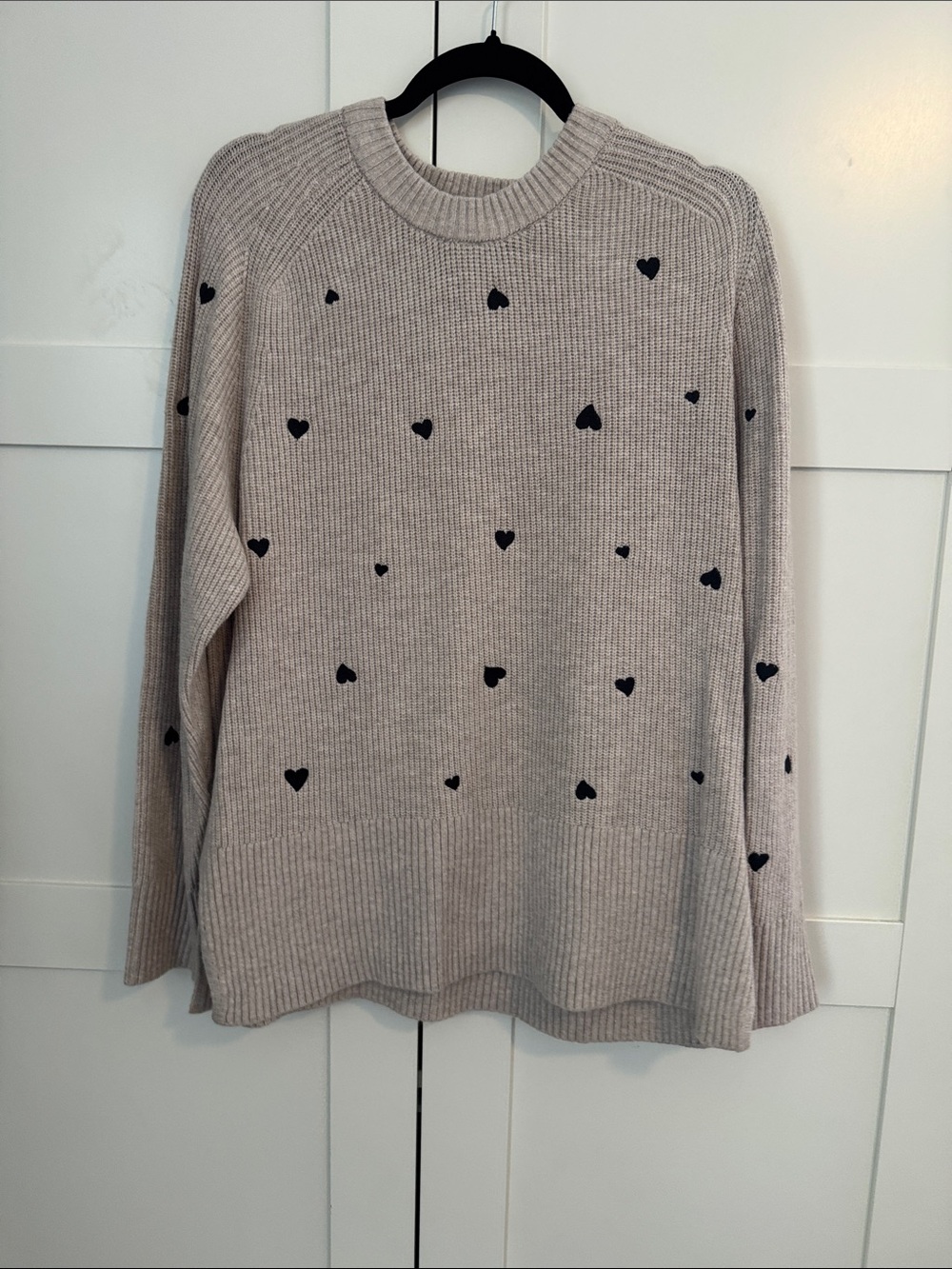 Target Beige Ribbed Crewneck Sweater with Black Heart Accents